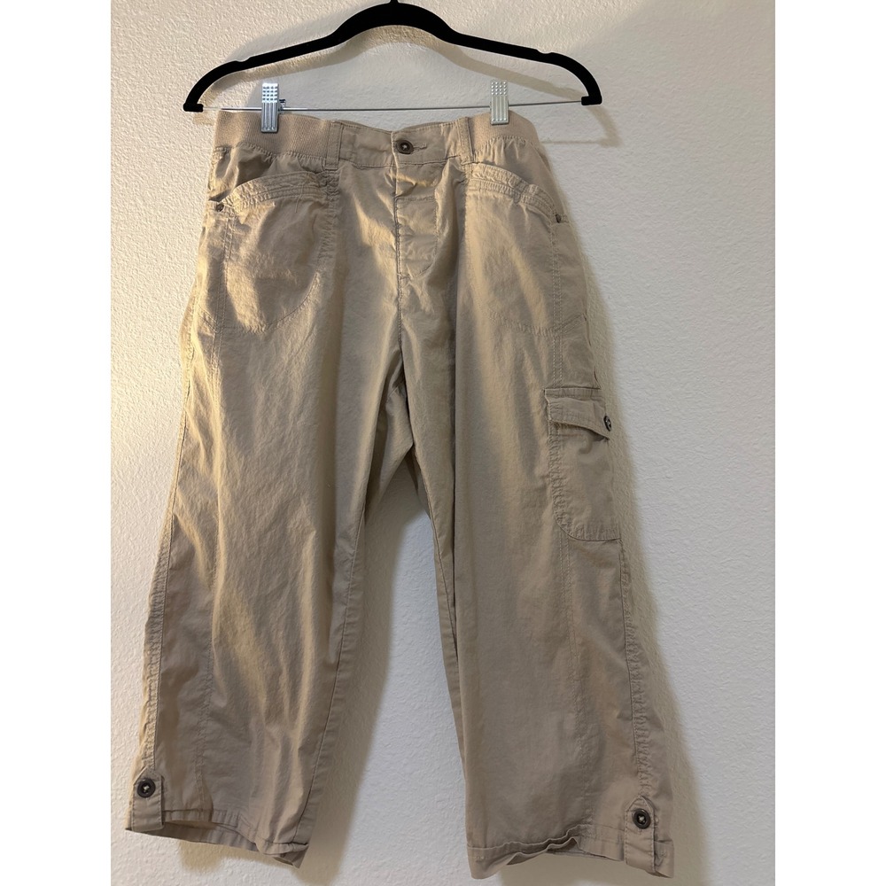 Da-sh Women Tan Khaki Cargo Capri Pants Ribbed Waist Utility Crop Trousers M